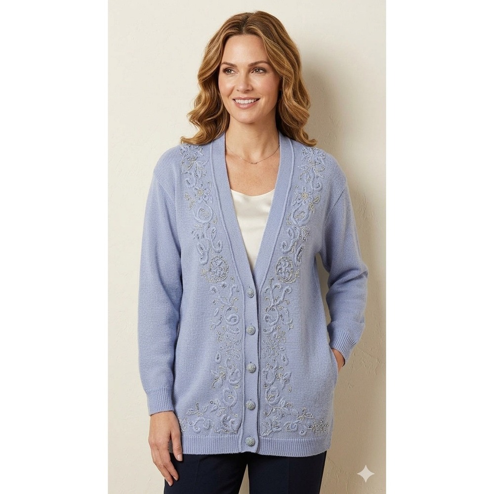 Vintage Jaclyn Smith Blue Embroidered Beaded Cardigan Sweater‎ Medium